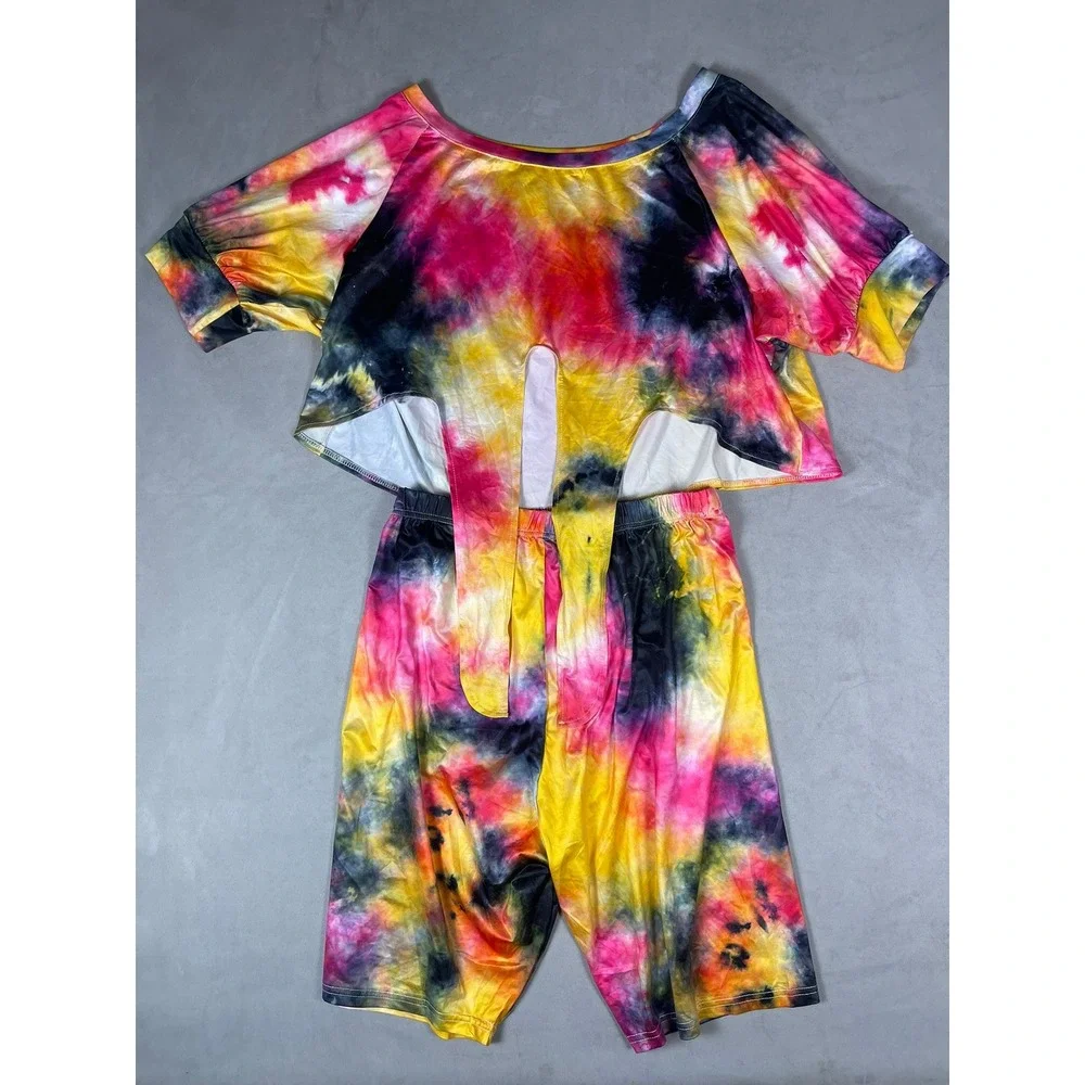 Tie Dye 2 Piece Set Womens 2XL Pink Yellow Black Crop Tie Front Top Biker Shorts